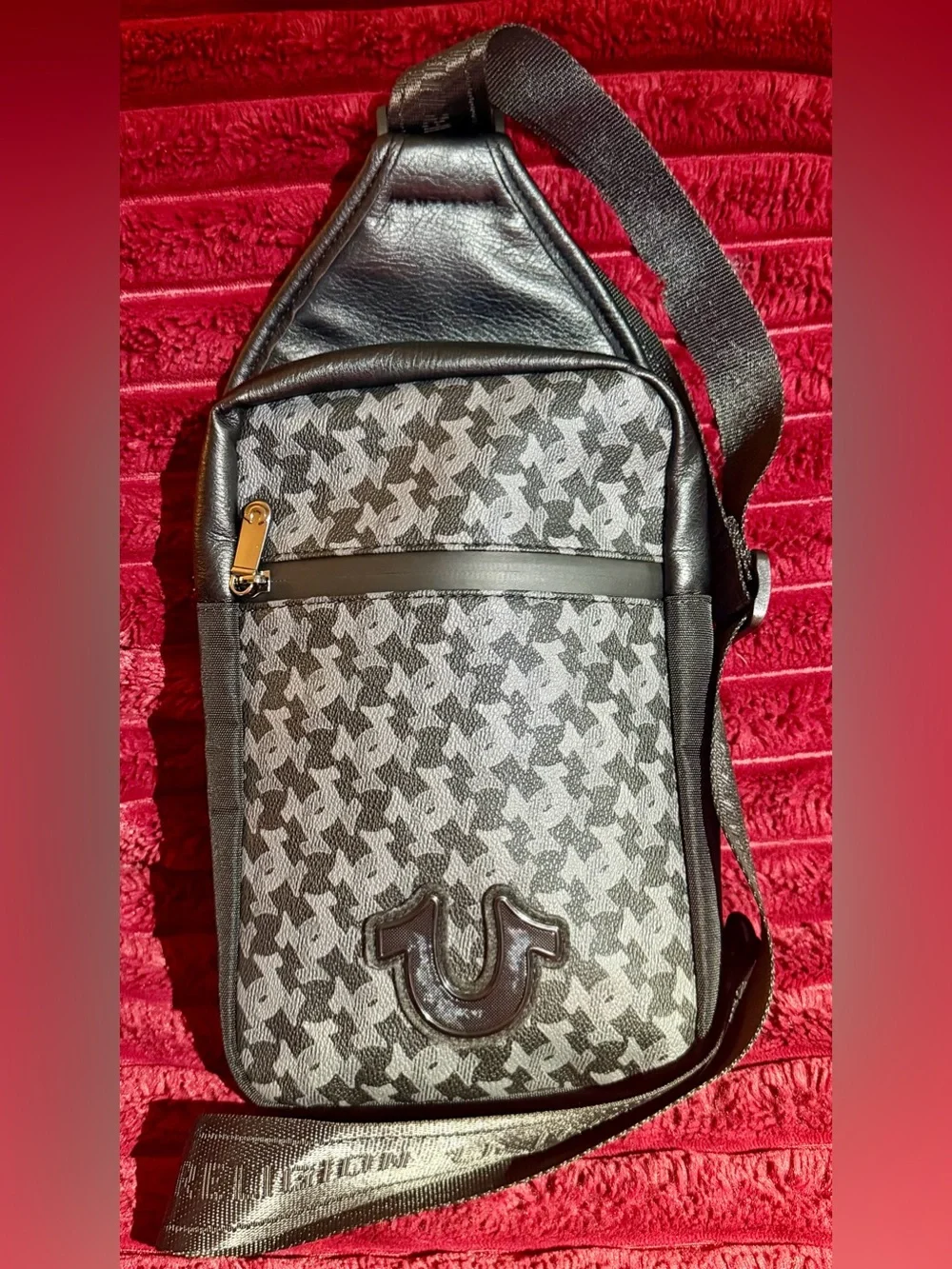 True Religion Black & Gray Patterned Sling Bag